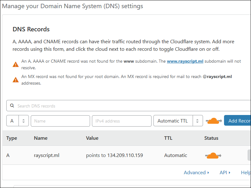 Cloudflare active for HTTP as well as DNS